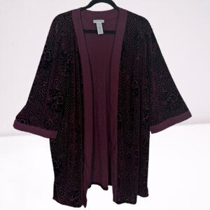 Catherines Open Front Velvet Burnout Kimono Whimsigoth Boho Size 2X Burgundy